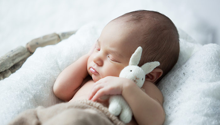 newborn baby sleeps with toy